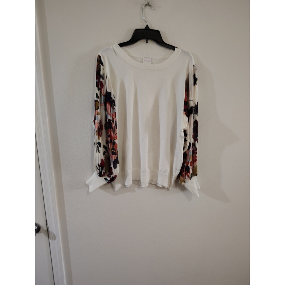 Zac & Rachel Ivory Knit Sweater Floral Pleated Chiffon Balloon Sleeve Top 1X